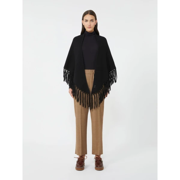 Max Mara Fringed Wool Shawl in Black | Scarves | Luxury Shoes 