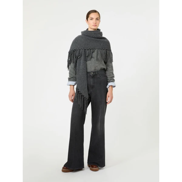Max Mara Fringed Wool Shawl in Dark Grey | Scarves | Luxury Shoes 