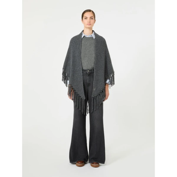 Max Mara Fringed Wool Shawl in Dark Grey | Scarves | Luxury Shoes 