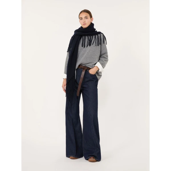 Max Mara Fringed Wool Shawl in Navy | Scarves | Luxury Shoes 