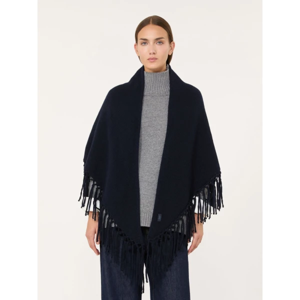 Max Mara Fringed Wool Shawl in Navy | Scarves | Luxury Shoes 