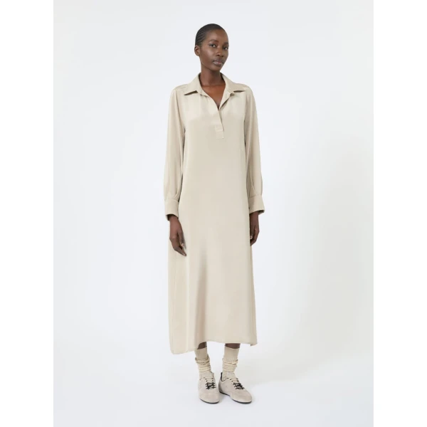 Max Mara Gambero Silk Crepe de Chine Polo Dress in Stone Grey | Maxi Dresses | Luxury Shoes 