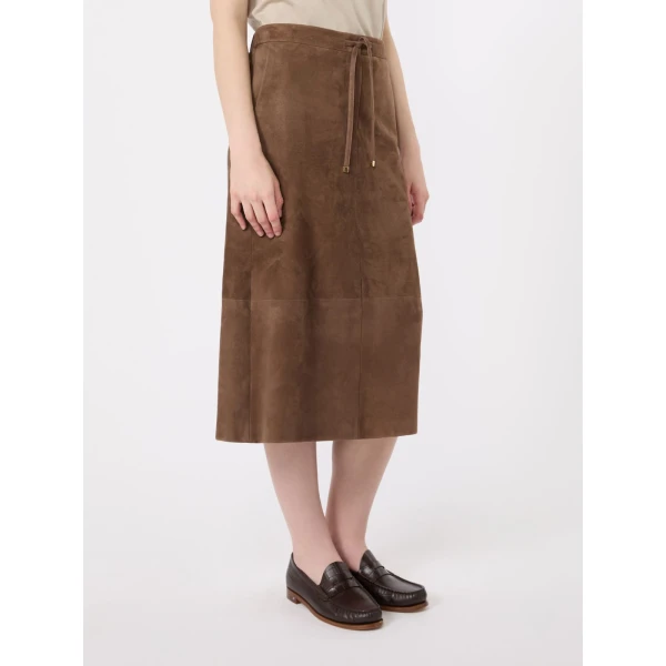 Max Mara Gazza Suede Midi Skirt in Mud | Leather Skirts | Luxury Shoes 