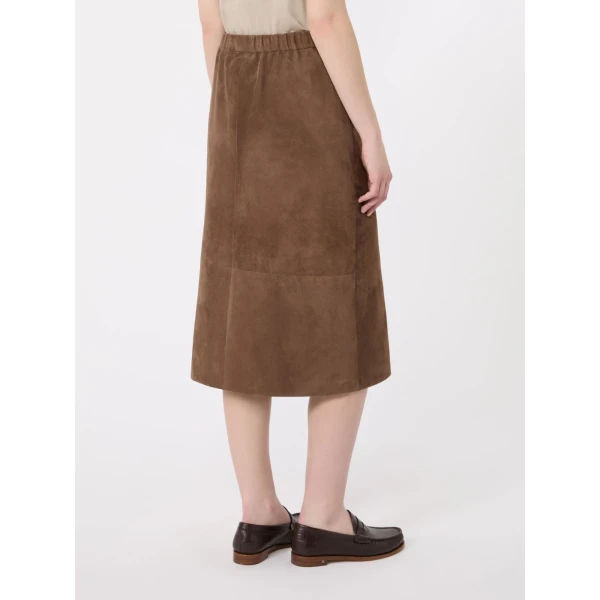 Max Mara Gazza Suede Midi Skirt in Mud | Leather Skirts | Luxury Shoes 