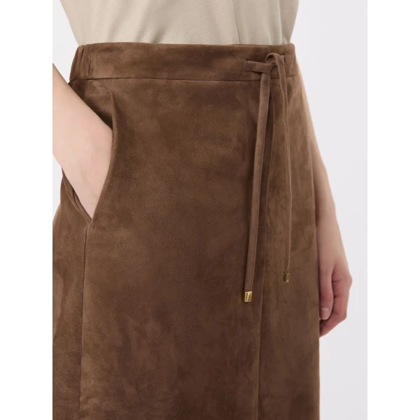 Max Mara Gazza Suede Midi Skirt in Mud | Leather Skirts | Luxury Shoes 