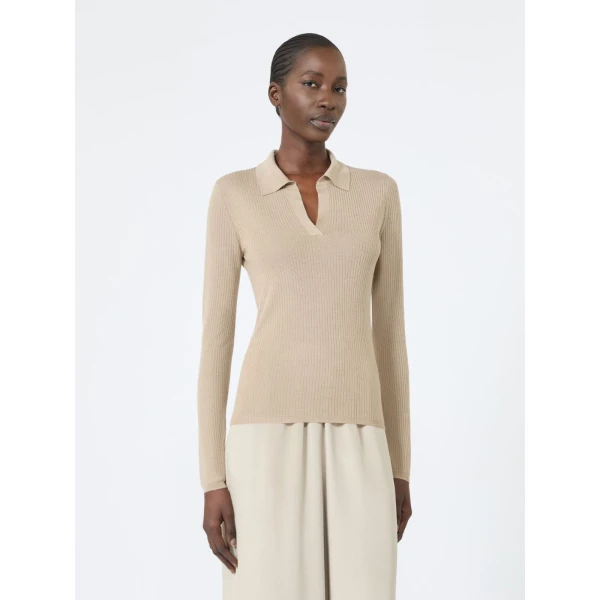 Max Mara Gergo Cashmere and Silk Polo Sweater in Stone Grey | Sweaters | Luxury Shoes 