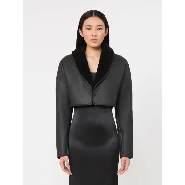 Max Mara Gigante Cropped Sheepskin Jacket in Dark Grey | Shearling Jackets | Luxury Shoes 