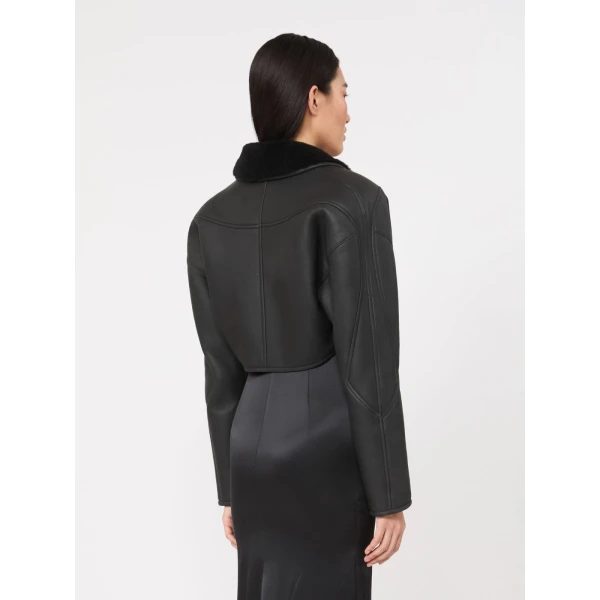 Max Mara Gigante Cropped Sheepskin Jacket in Dark Grey | Shearling Jackets | Luxury Shoes 