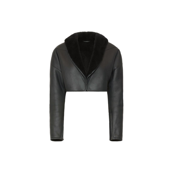 Max Mara Gigante Cropped Sheepskin Jacket in Dark Grey | Shearling Jackets | Luxury Shoes 
