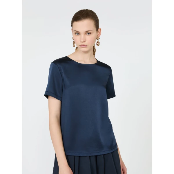 Max Mara Gilbert Satin Crew-Neck T-Shirt in Navy | T-shirts | Luxury Shoes 