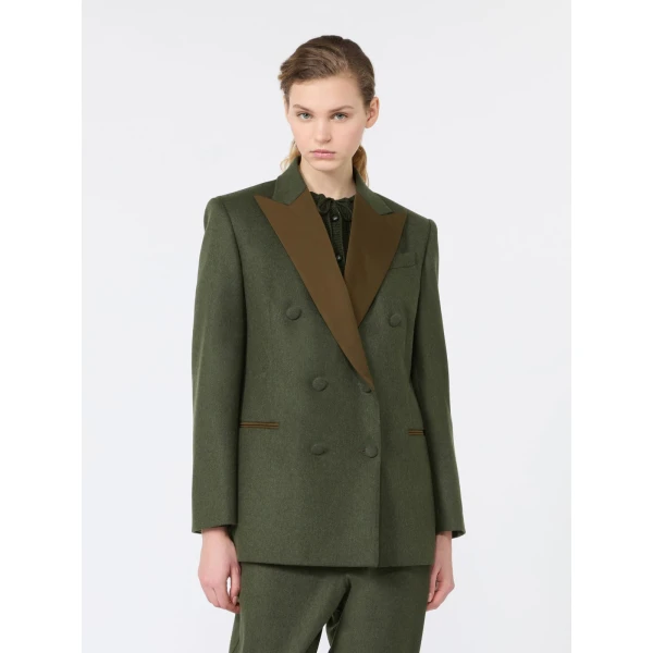 Max Mara Giostra Melange Wool Double-Breasted Blazer in Moss Green | Blazers | Luxury Shoes 