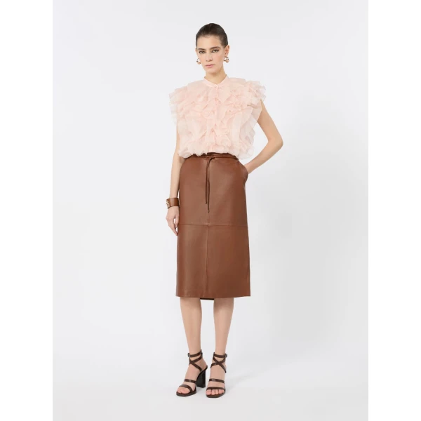 Max Mara Giostra Ruched Silk Organza Shirt in Powder Pink | Shirts | Luxury Shoes 