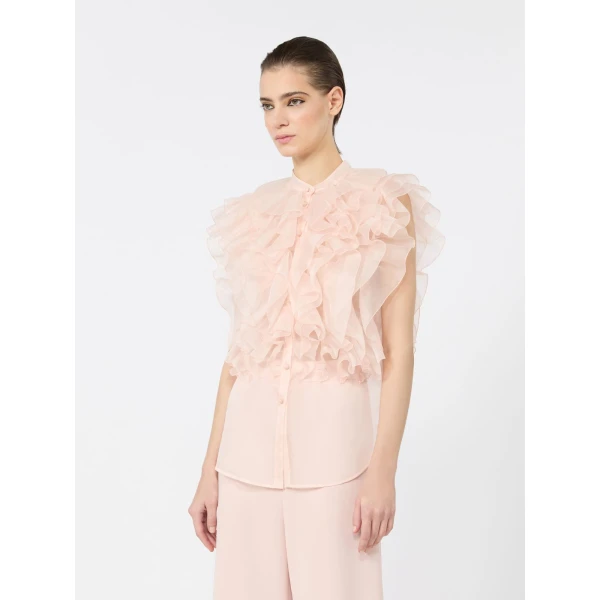 Max Mara Giostra Ruched Silk Organza Shirt in Powder Pink | Shirts | Luxury Shoes 