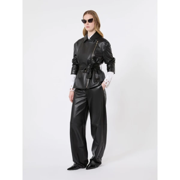 Max Mara Giusto Belted Nappa Leather Biker Jacket in Black | Leather Jackets | Luxury Shoes 