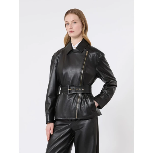 Max Mara Giusto Belted Nappa Leather Biker Jacket in Black | Leather Jackets | Luxury Shoes 