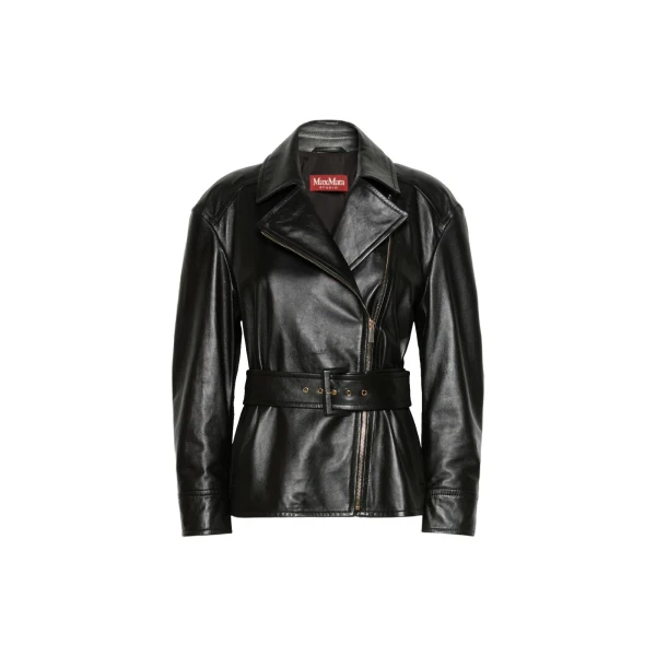 Max Mara Giusto Belted Nappa Leather Biker Jacket in Black | Leather Jackets | Luxury Shoes 