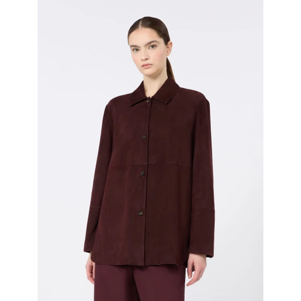 Max Mara Gocce Lambskin Suede Shirt Jacket in Dark Red | Leather Jackets | Luxury Shoes 