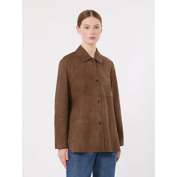 Max Mara Gocce Lambskin Suede Shirt Jacket in Mud | Leather Jackets | Luxury Shoes 