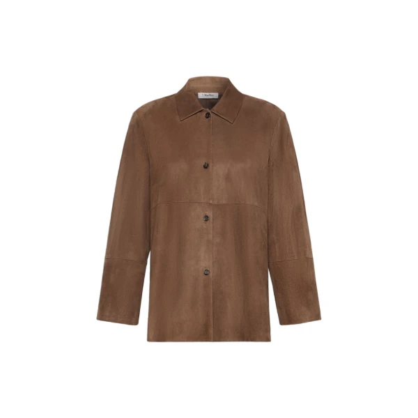 Max Mara Gocce Lambskin Suede Shirt Jacket in Mud | Leather Jackets | Luxury Shoes 