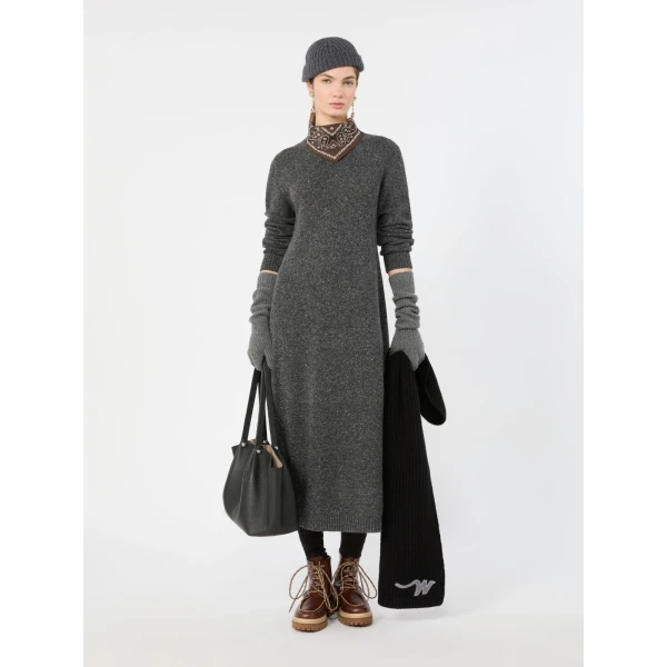 Max Mara Goccia Wool-Blend Tweed Knit Dress in Dark Grey | Midi Dresses | Luxury Shoes 