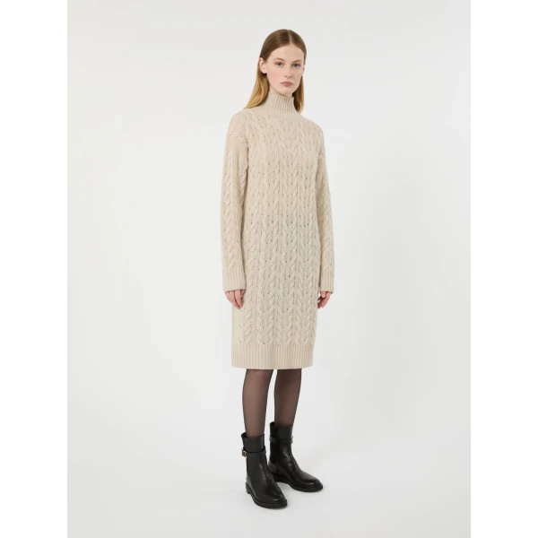 Max Mara Grado Wool and Cashmere Cable-Knit Dress in Beige | Midi Dresses | Luxury Shoes 