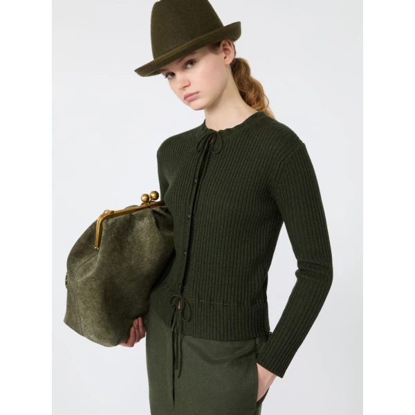 Max Mara Kaki Ribbed Wool Cardigan in Moss Green | Cardigan | Luxury Shoes 