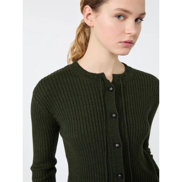Max Mara Kaki Ribbed Wool Cardigan in Moss Green | Cardigan | Luxury Shoes 