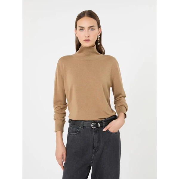 Max Mara Kiku Wool and Silk Turtleneck in Camel | Turtlenecks | Luxury Shoes 