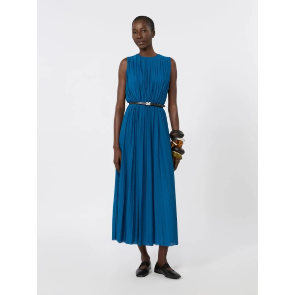 Max Mara Laghi Pleated Jersey Dress in Navy | Midi Dresses | Luxury Shoes 