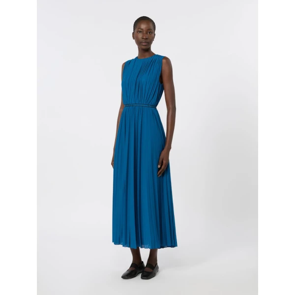 Max Mara Laghi Pleated Jersey Dress in Navy | Midi Dresses | Luxury Shoes 