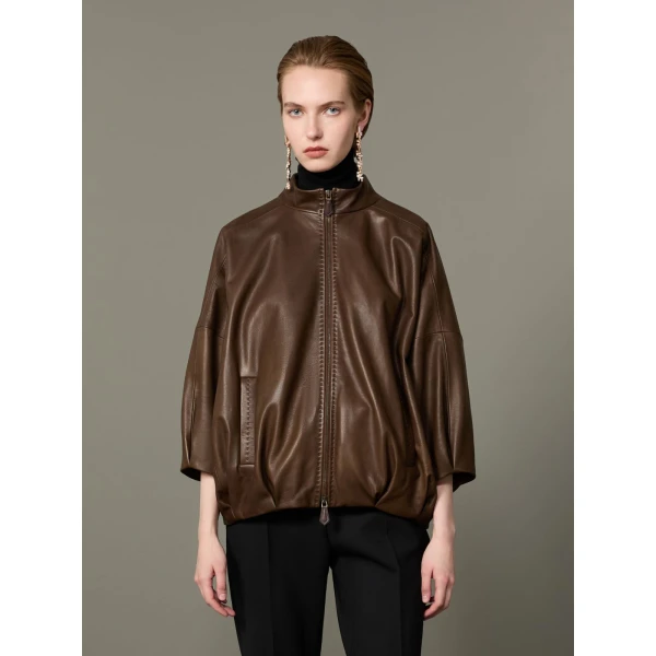 Max Mara Lanoso Lambskin Nappa Leather Blouson in Mud | Leather Jackets | Luxury Shoes 