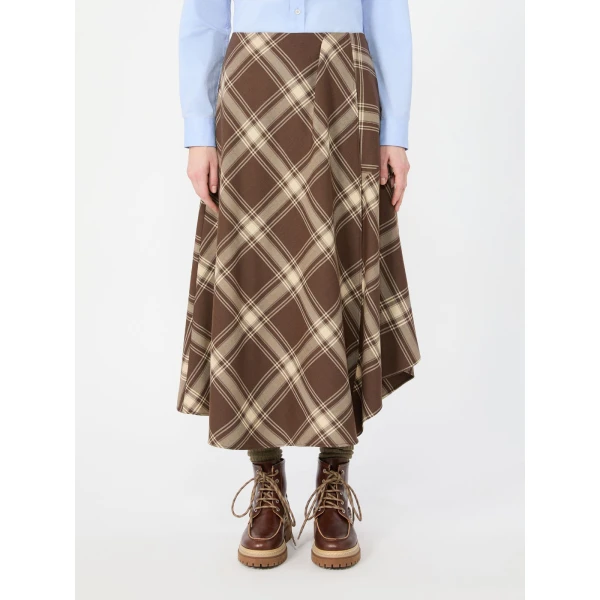 Max Mara Lanoso Tartan Wool Wrap Skirt in Brown | Midi Skirts | Luxury Shoes 