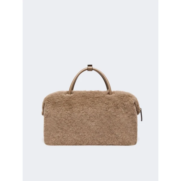 Max Mara Large Alpaca and Cashmere Teddy Boston Bag in Beige Golden | Totes & Top-Handle Bags | Luxury Shoes 