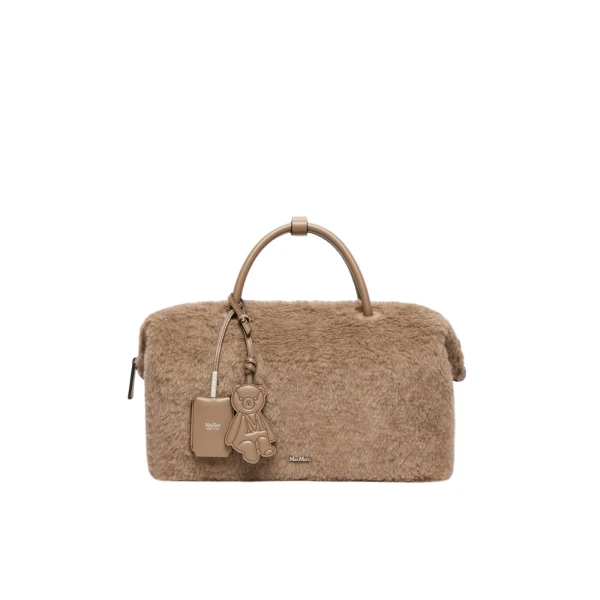 Large Alpaca and Cashmere Teddy Boston Bag in Beige Golden
