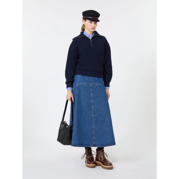 Max Mara Laser Wool Half-Zip Roll-Neck Jumper in Navy | Turtlenecks | Luxury Shoes 