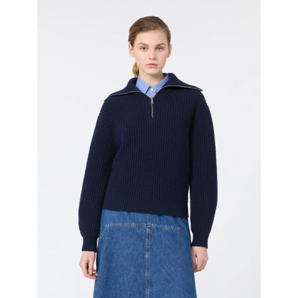 Max Mara Laser Wool Half-Zip Roll-Neck Jumper in Navy | Turtlenecks | Luxury Shoes 