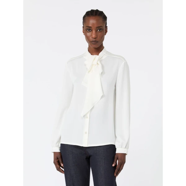 Max Mara Leccio Ruffled Silk Charmeuse Shirt in Silk White | Shirts | Luxury Shoes 
