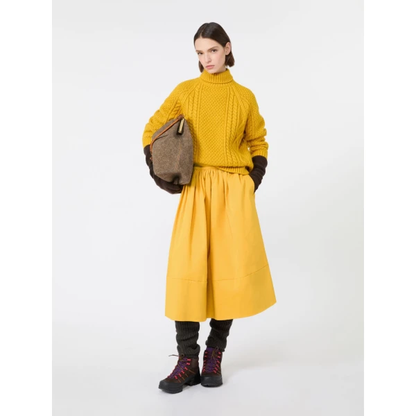 Max Mara Lira Cotton Satin Corolla Midi Skirt in Yellow | Midi Skirts | Luxury Shoes 