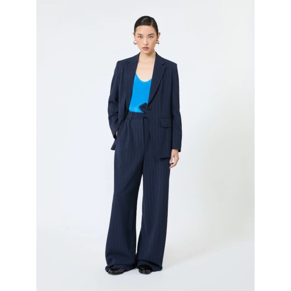 Max Mara Lira Pinstripe Wool Seersucker Trousers in Ultramarine | Tailored pants | Luxury Shoes 