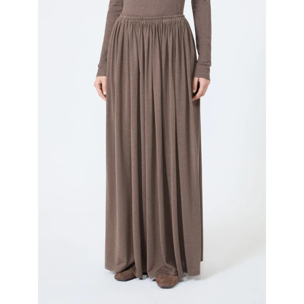 Max Mara Livrea Long Pleated Jersey Skirt in Mud | Pleated Skirts | Luxury Shoes 