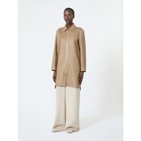Max Mara Magenta Nappa Leather Overcoat in Stone Grey | Leather Coats | Luxury Shoes 