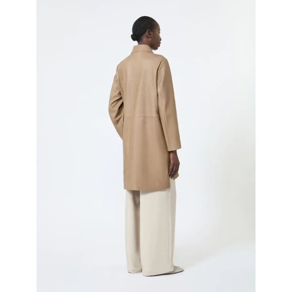 Max Mara Magenta Nappa Leather Overcoat in Stone Grey | Leather Coats | Luxury Shoes 