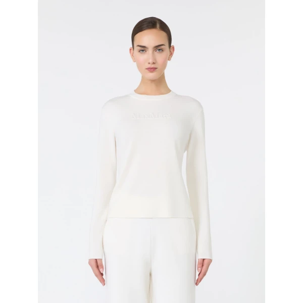 Max Mara Manto Embossed Logo Wool Sweater in White | Sweaters | Luxury Shoes 