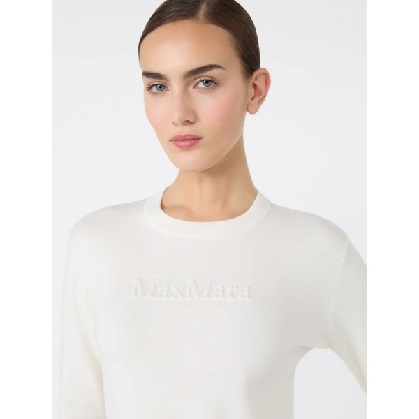 Max Mara Manto Embossed Logo Wool Sweater in White | Sweaters | Luxury Shoes 