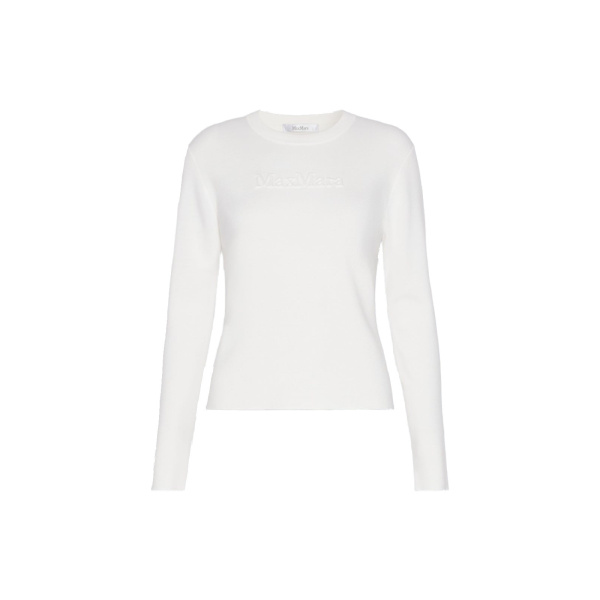 Max Mara Manto Embossed Logo Wool Sweater in White | Sweaters | Luxury Shoes 
