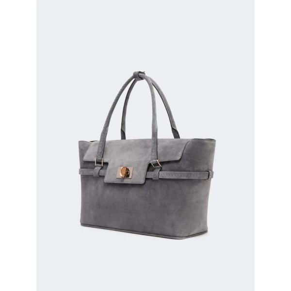 Max Mara Margaux Medium Suede Bag in Medium Grey | Totes & Top-Handle Bags | Luxury Shoes 