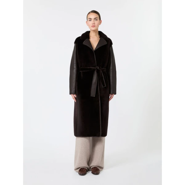 Max Mara Martora Sheepskin Robe Coat in Dark Brown | Fur Coats | Luxury Shoes 