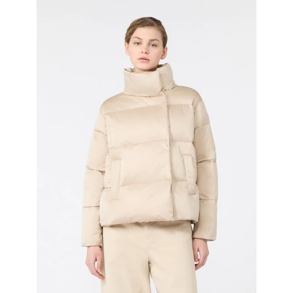 Max Mara Matassa Short Technical Satin Down Jacket in Sand | Jackets | Luxury Shoes 