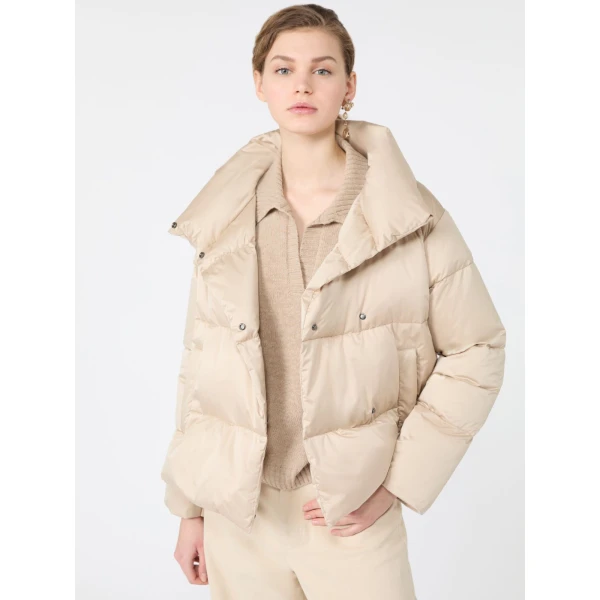 Max Mara Matassa Short Technical Satin Down Jacket in Sand | Jackets | Luxury Shoes 