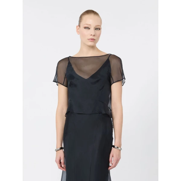 Max Mara Mela Silk Organza Cropped Blouse in Ultramarine | Blouse | Luxury Shoes 
